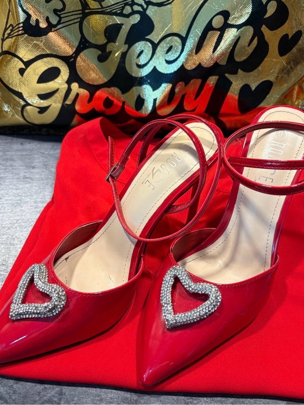 Rouge! Red Patent Pointed-Toe Ankle-Strap Pumps with Crystal Heart